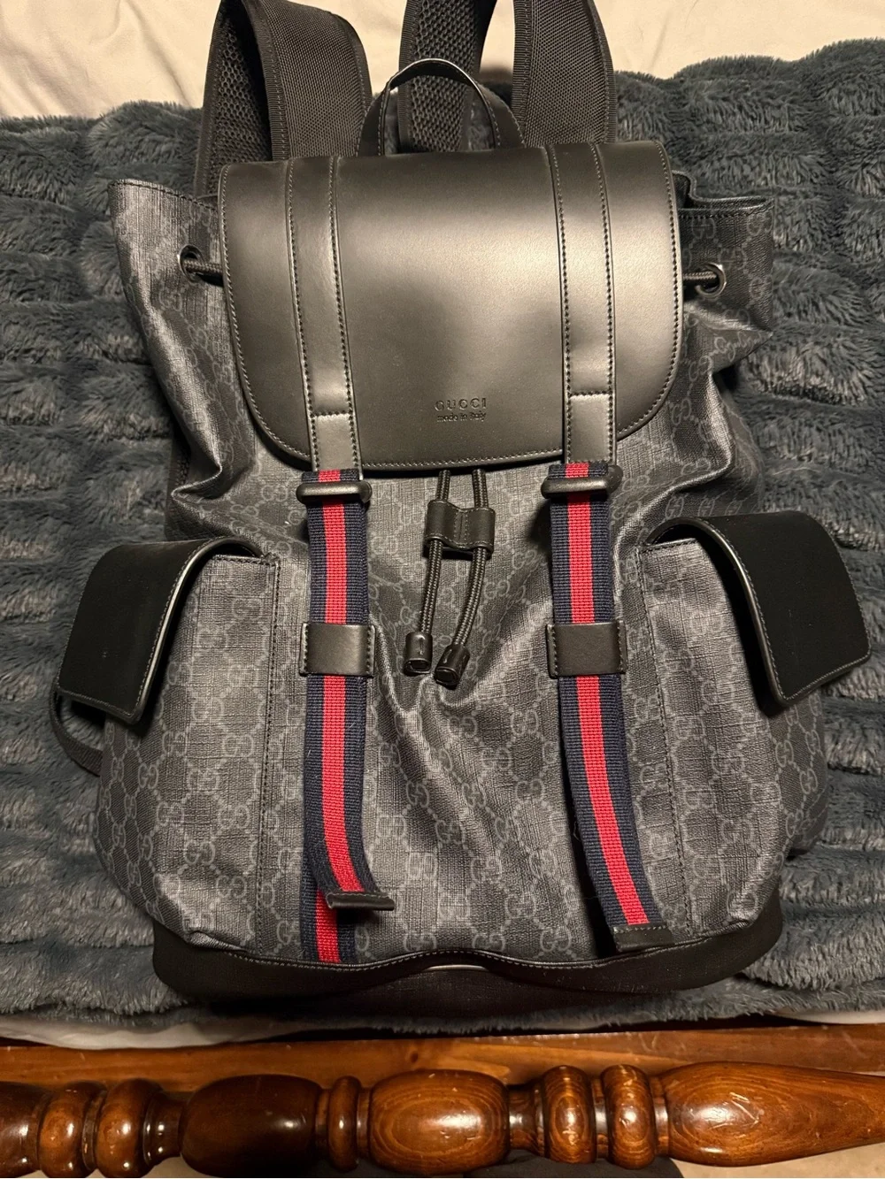 Gucci Black GG Canvas Backpack with Red and Blue Web Straps